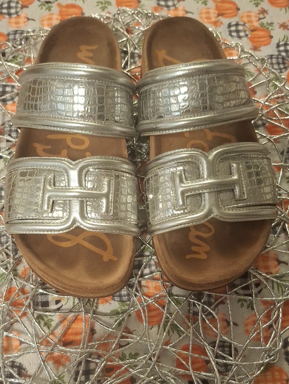 Sam Edelman Silver Metallic Croc-Embossed Slide Sandals